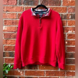 Lands End Mens Medium 38-40 Red Plaid Collar Quarter Zip Pullover Sweater